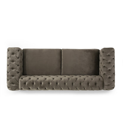 Grey Velvet Button Tufted 3-seater Sofa with Iron Legs
