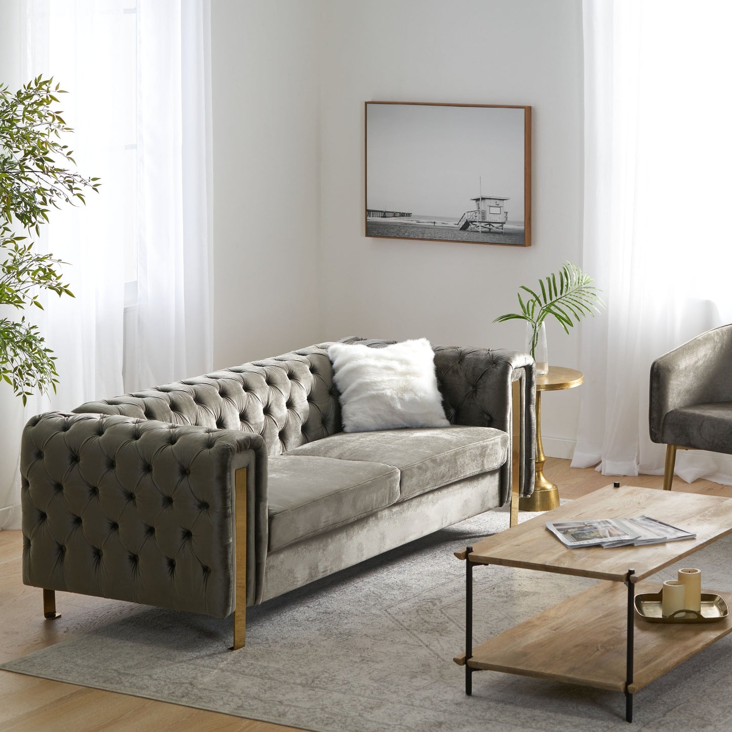 Grey Velvet Button Tufted 3-seater Sofa with Iron Legs