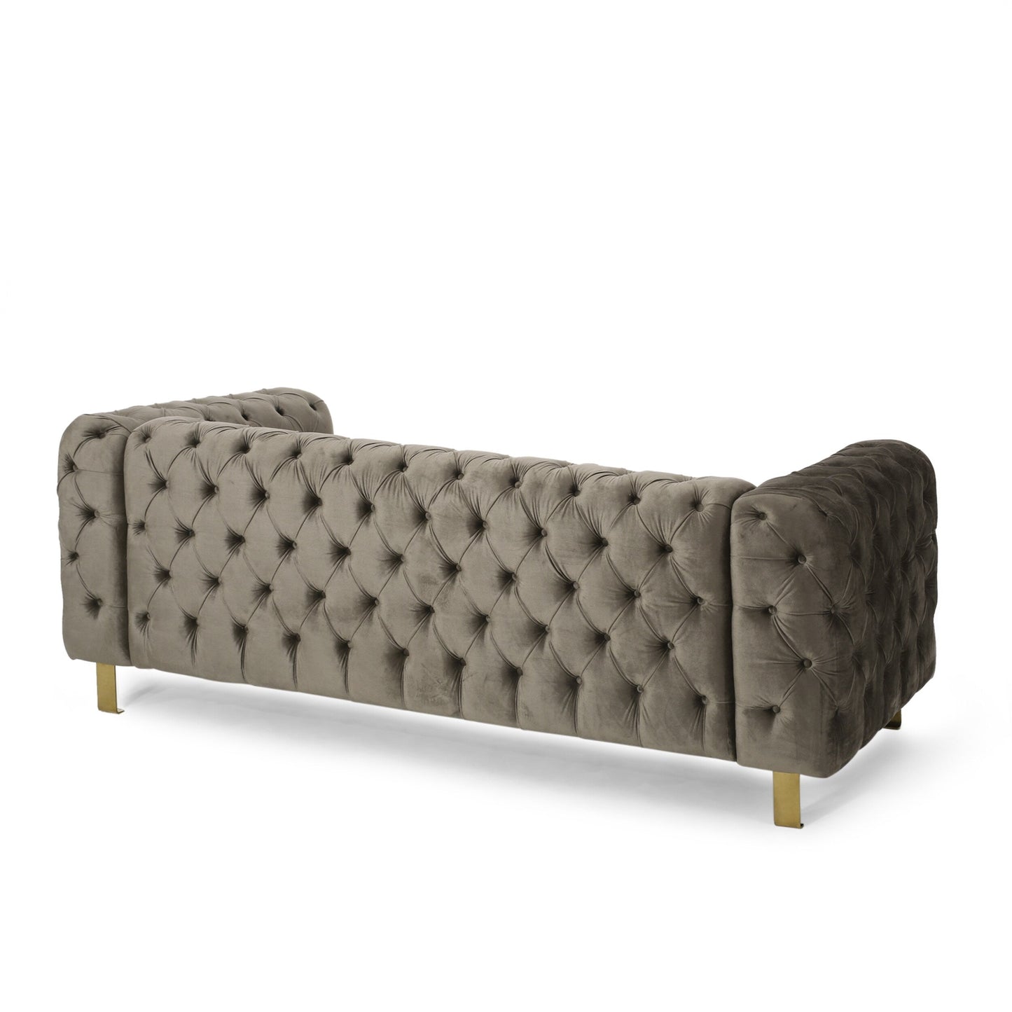 Grey Velvet Button Tufted 3-seater Sofa with Iron Legs