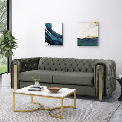 Grey Velvet Button Tufted 3-seater Sofa with Iron Legs
