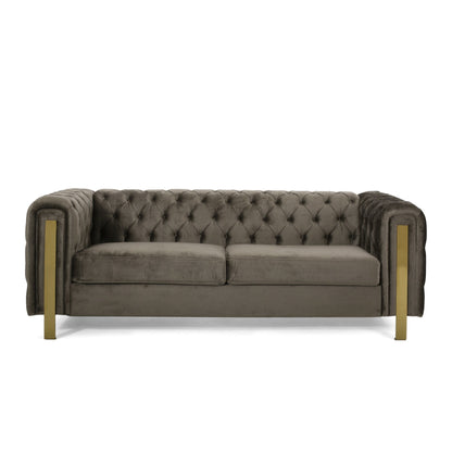 Grey Velvet Button Tufted 3-seater Sofa with Iron Legs