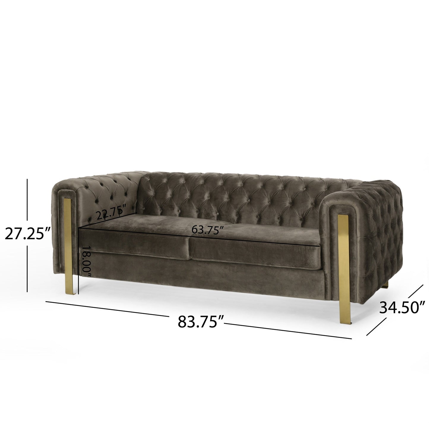 Grey Velvet Button Tufted 3-seater Sofa with Iron Legs