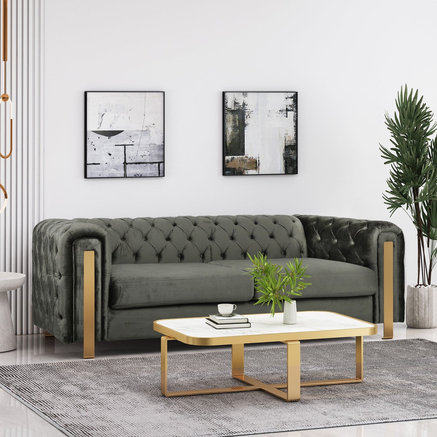 Grey Velvet Button Tufted 3-seater Sofa with Iron Legs