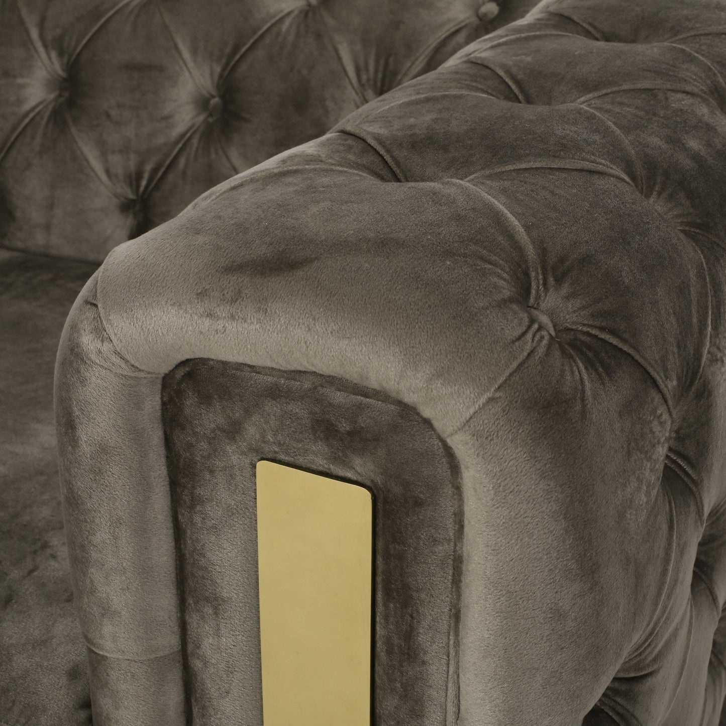 Grey Velvet Button Tufted 3-seater Sofa with Iron Legs