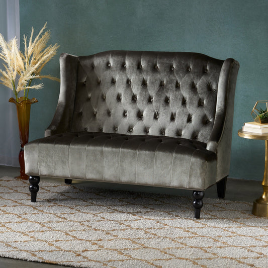 Grey Velvet Button Tufted High Wingback Loveseat Sofa