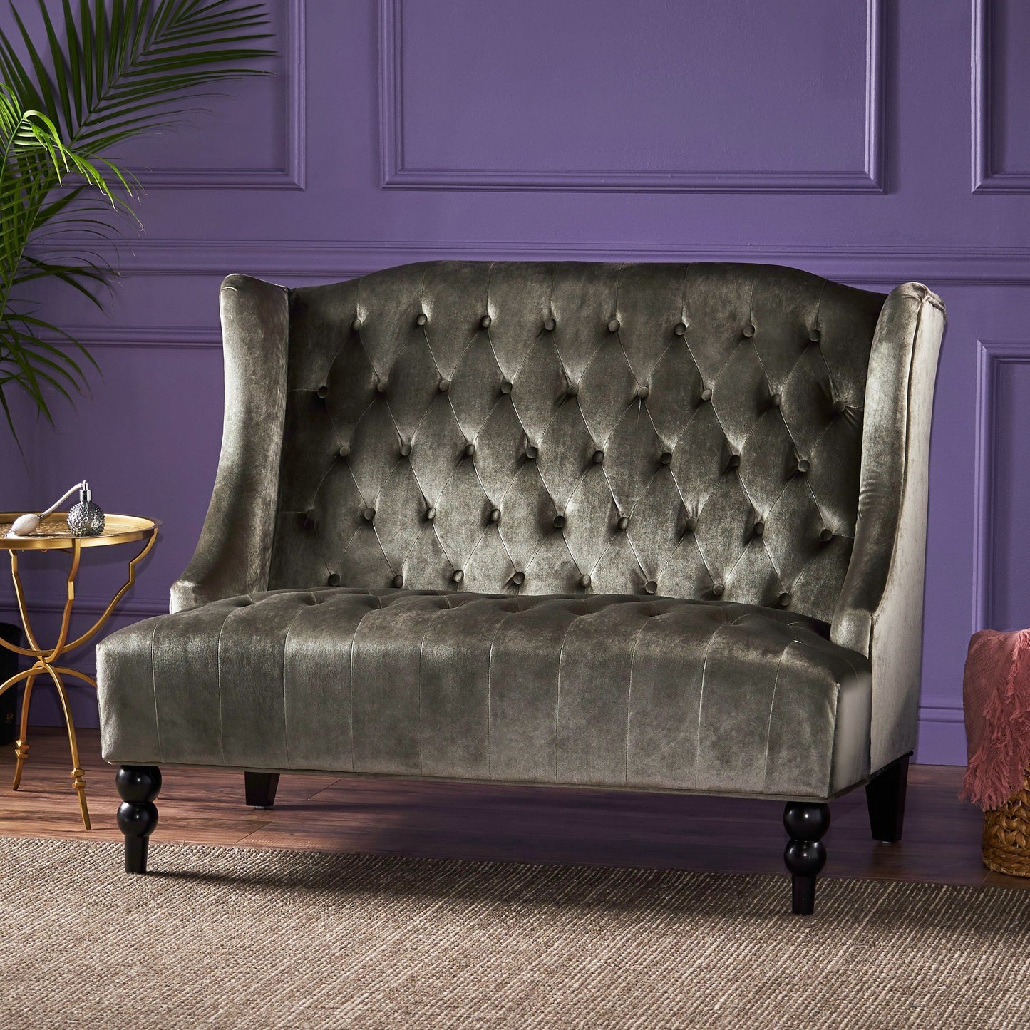 Grey Velvet Button Tufted High Wingback Loveseat Sofa