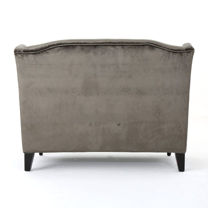 Grey Velvet Button Tufted High Wingback Loveseat Sofa