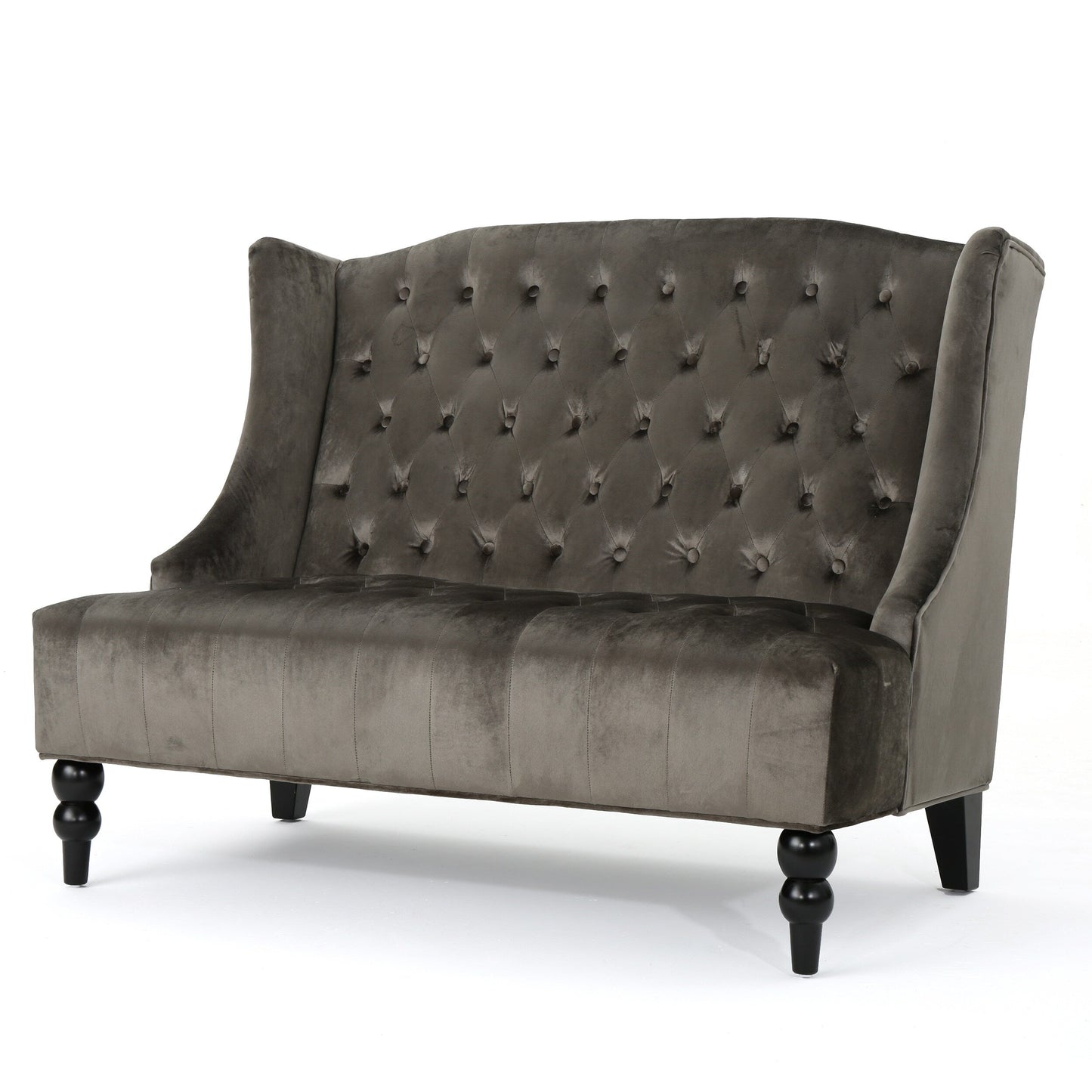 Grey Velvet Button Tufted High Wingback Loveseat Sofa