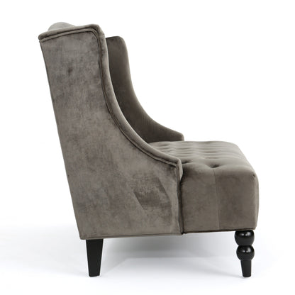 Grey Velvet Button Tufted High Wingback Loveseat Sofa