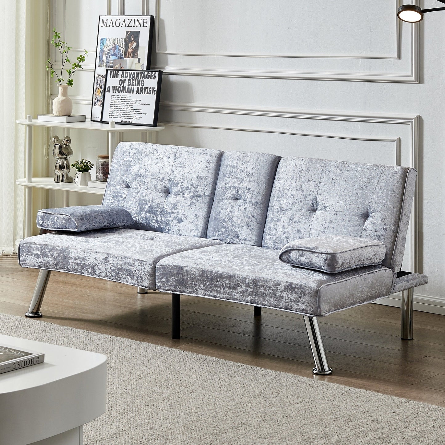 Grey Velvet Futon Loveseat Sofa Bed with Cup Holders
