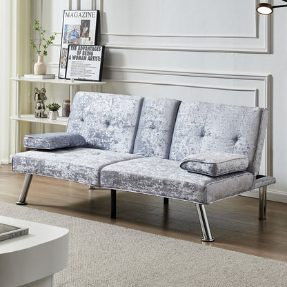 Grey Velvet Futon Loveseat Sofa Bed with Cup Holders