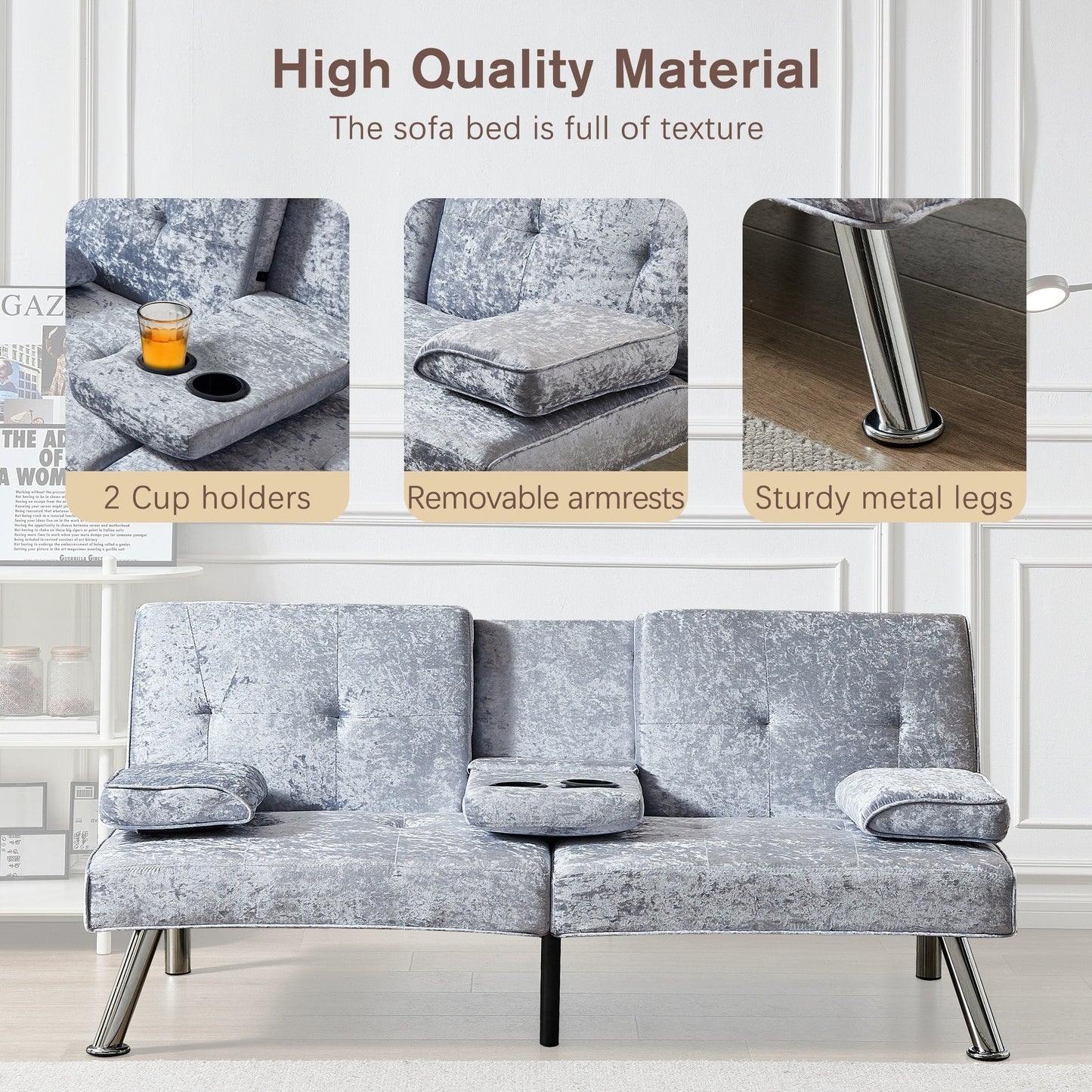Grey Velvet Futon Loveseat Sofa Bed with Cup Holders