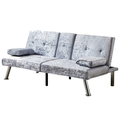 Grey Velvet Futon Loveseat Sofa Bed with Cup Holders