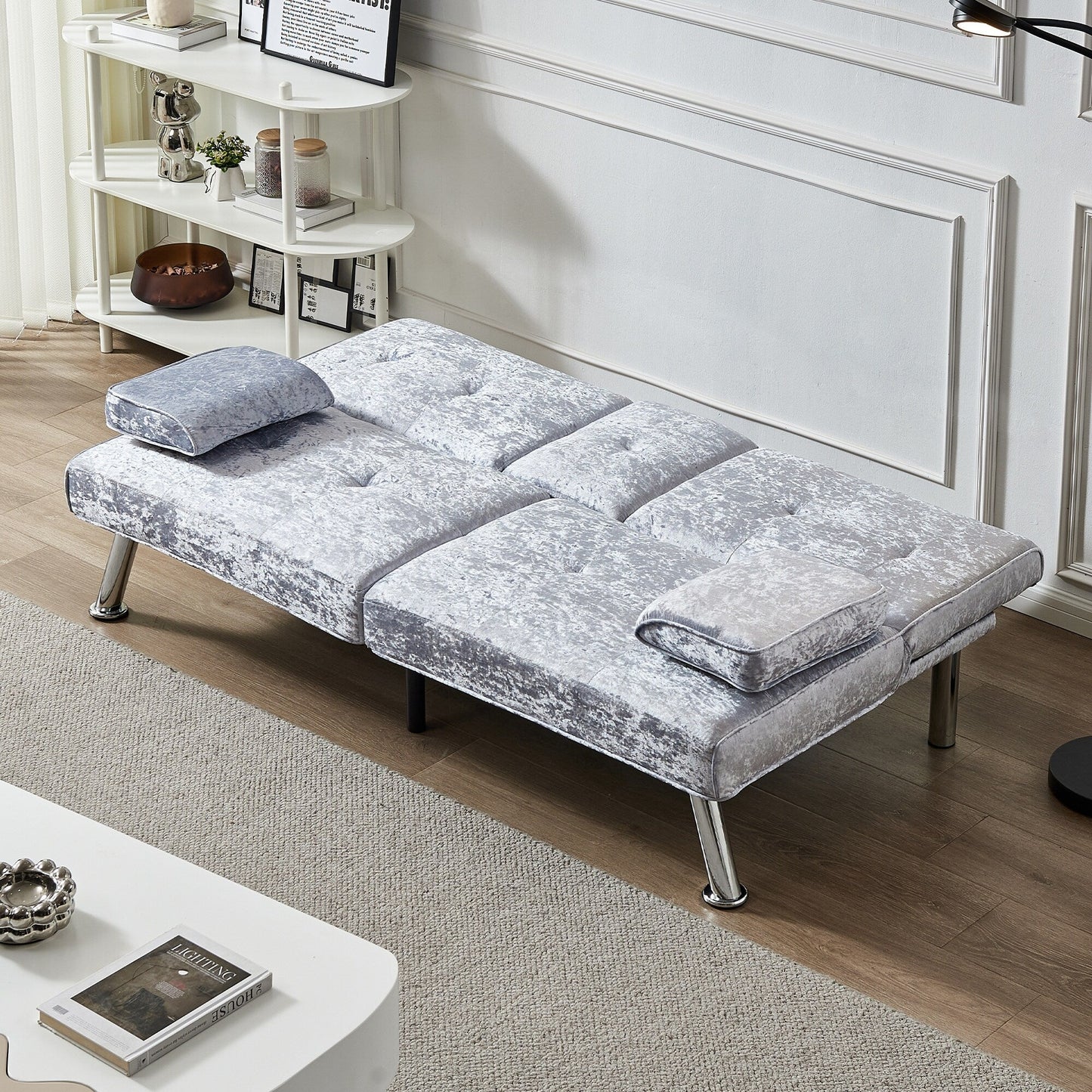 Grey Velvet Futon Loveseat Sofa Bed with Cup Holders