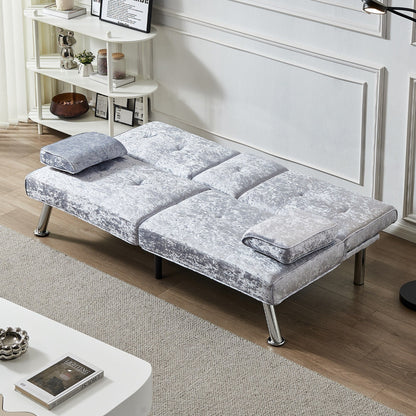 Grey Velvet Futon Loveseat Sofa Bed with Cup Holders