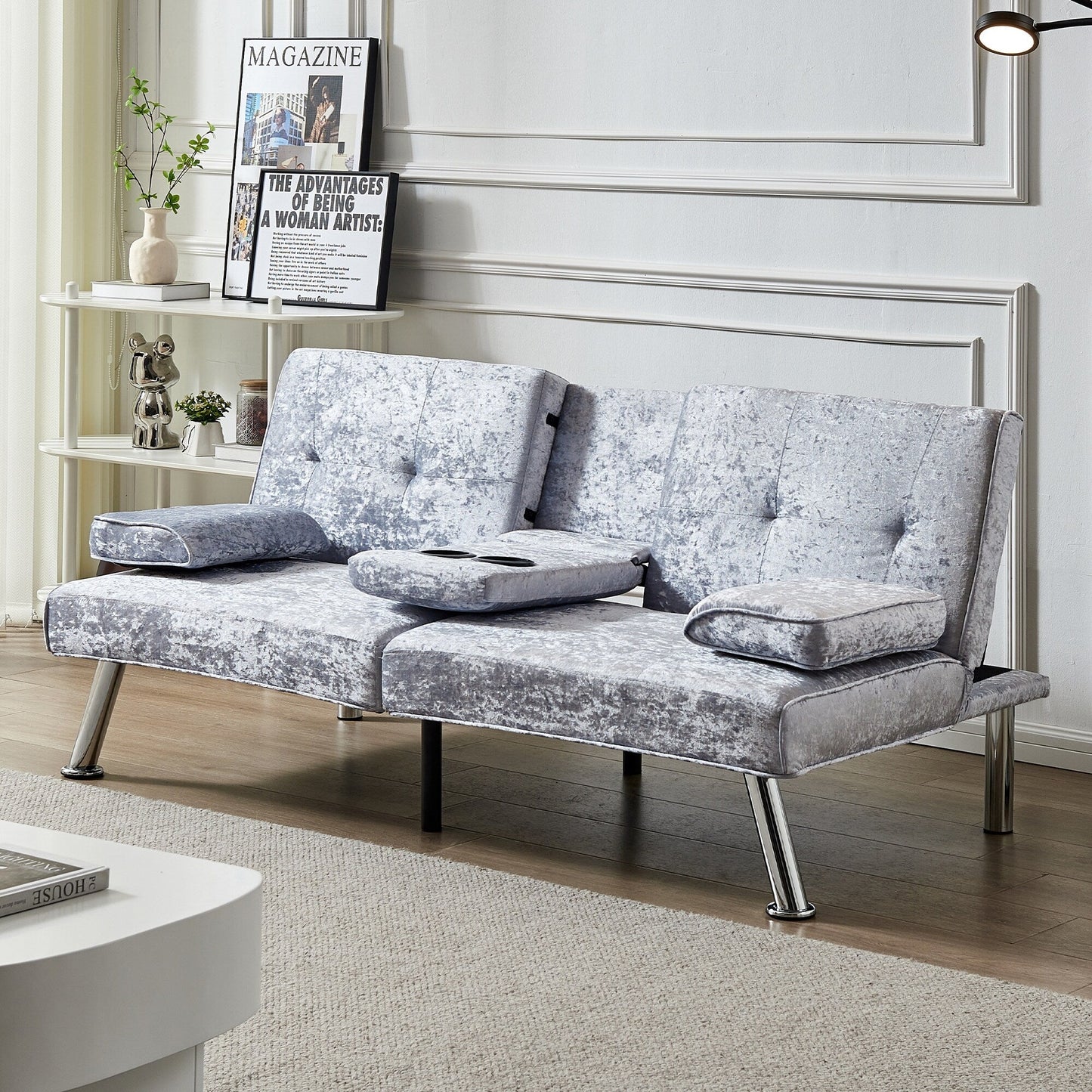 Grey Velvet Futon Loveseat Sofa Bed with Cup Holders