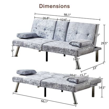 Grey Velvet Futon Loveseat Sofa Bed with Cup Holders