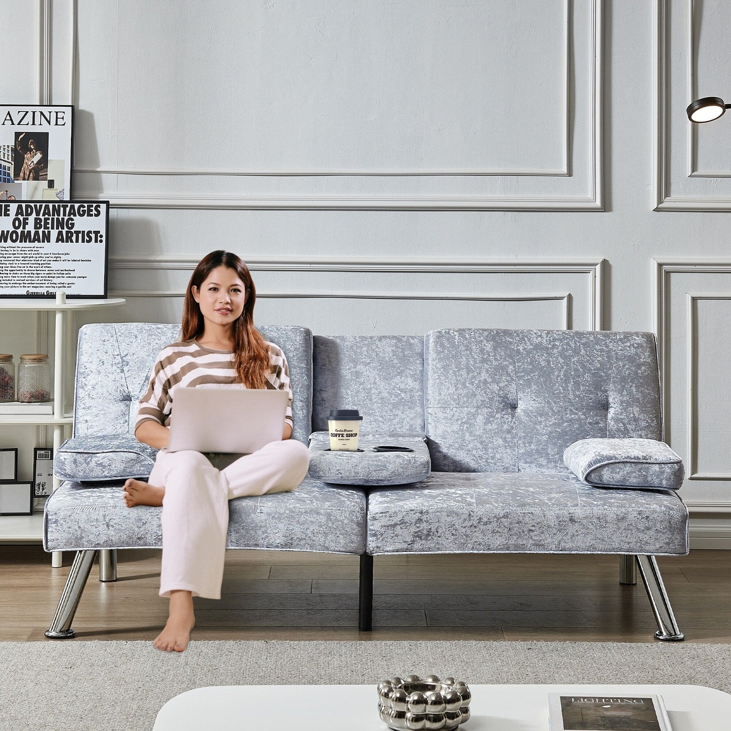 Grey Velvet Futon Loveseat Sofa Bed with Cup Holders