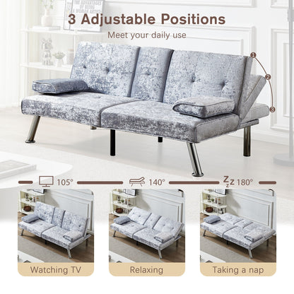 Grey Velvet Futon Loveseat Sofa Bed with Cup Holders