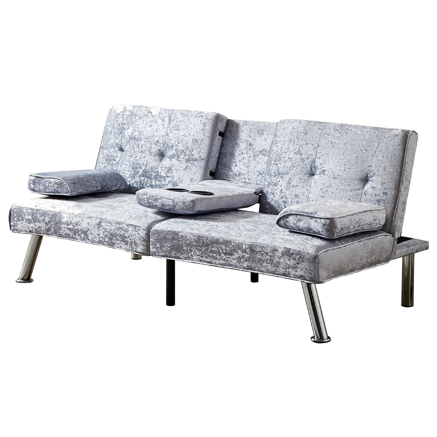 Grey Velvet Futon Loveseat Sofa Bed with Cup Holders