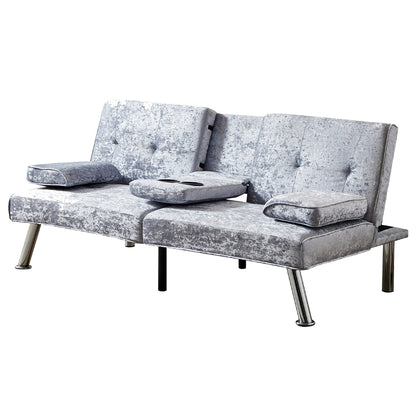 Grey Velvet Futon Loveseat Sofa Bed with Cup Holders