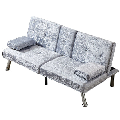 Grey Velvet Futon Loveseat Sofa Bed with Cup Holders