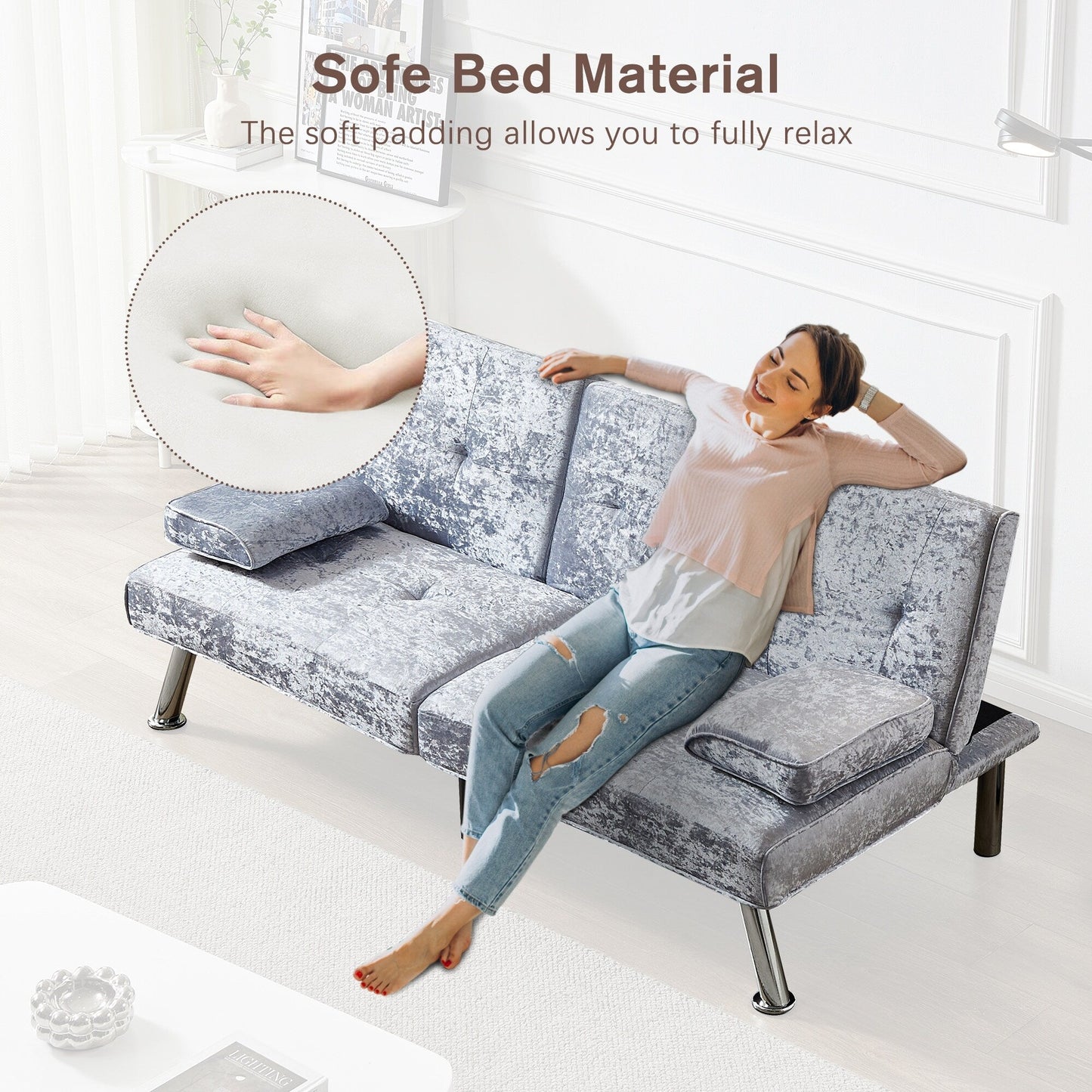 Grey Velvet Futon Loveseat Sofa Bed with Cup Holders