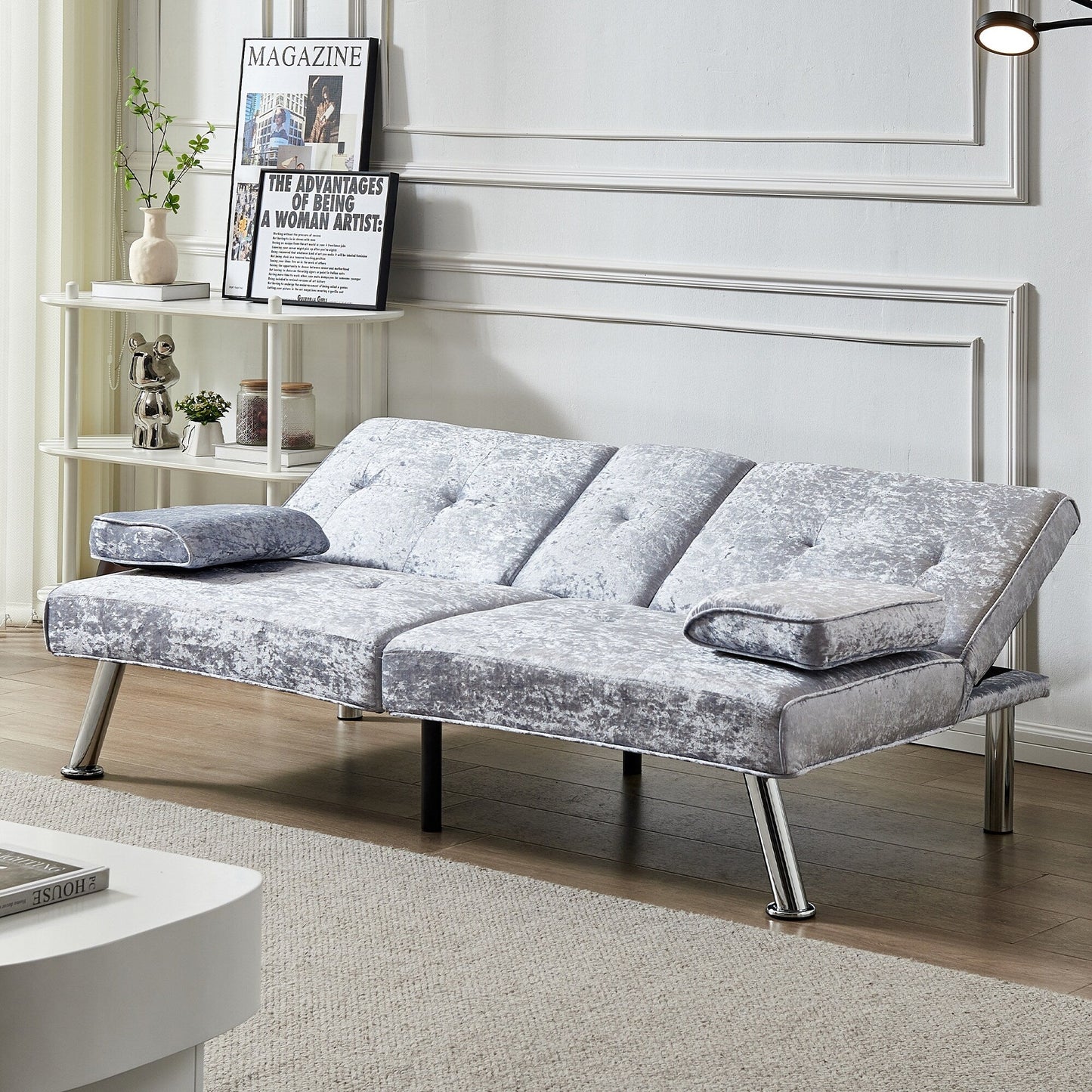 Grey Velvet Futon Loveseat Sofa Bed with Cup Holders