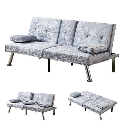 Grey Velvet Futon Loveseat Sofa Bed with Cup Holders