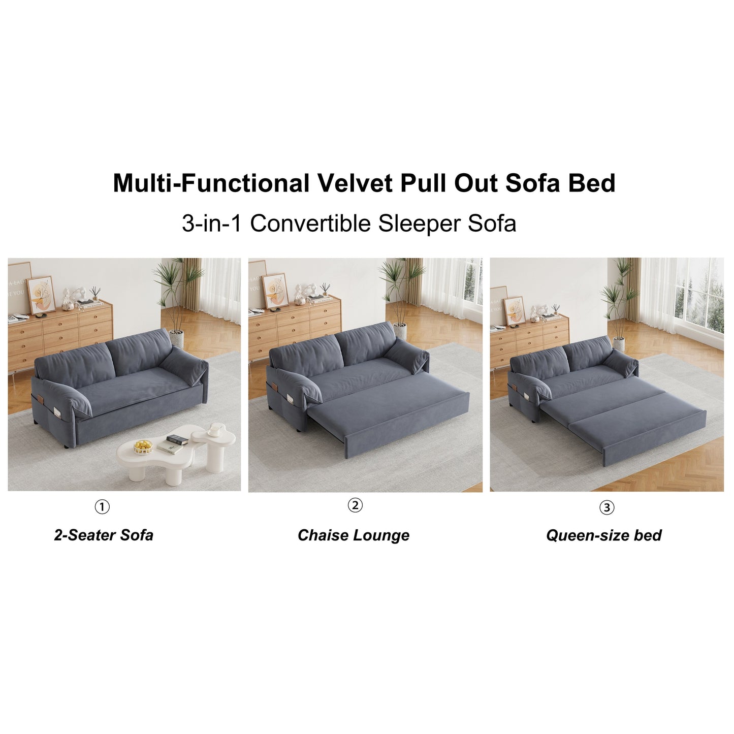 Grey Velvet Loveseat Pull Out Sofa Bed with Side Storage