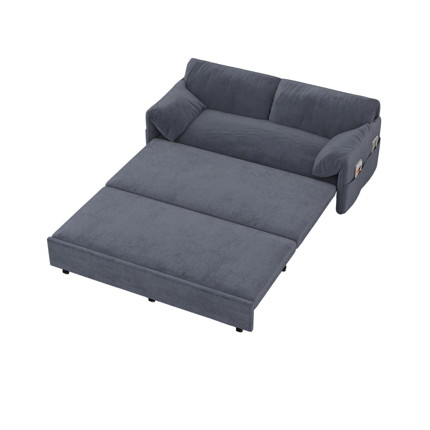 Grey Velvet Loveseat Pull Out Sofa Bed with Side Storage