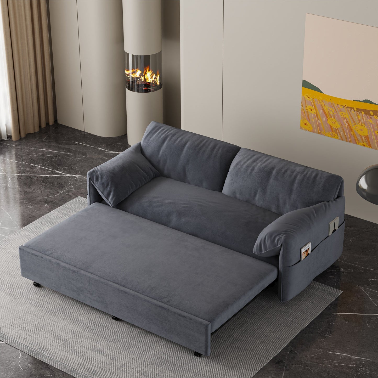 Grey Velvet Loveseat Pull Out Sofa Bed with Side Storage