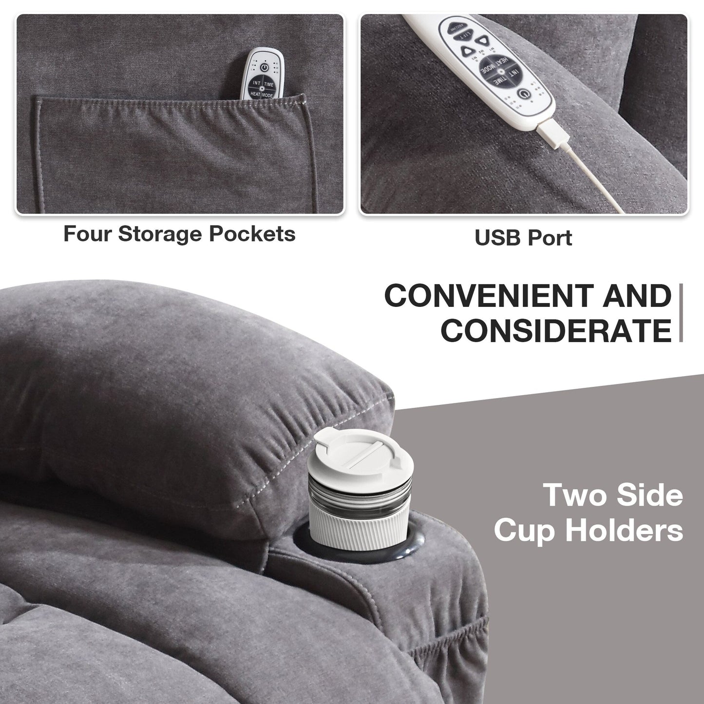 Grey Velvet Oversized Power Lift Recliner with Massage, Lumbar Heating, USB, 2 Cup Holders