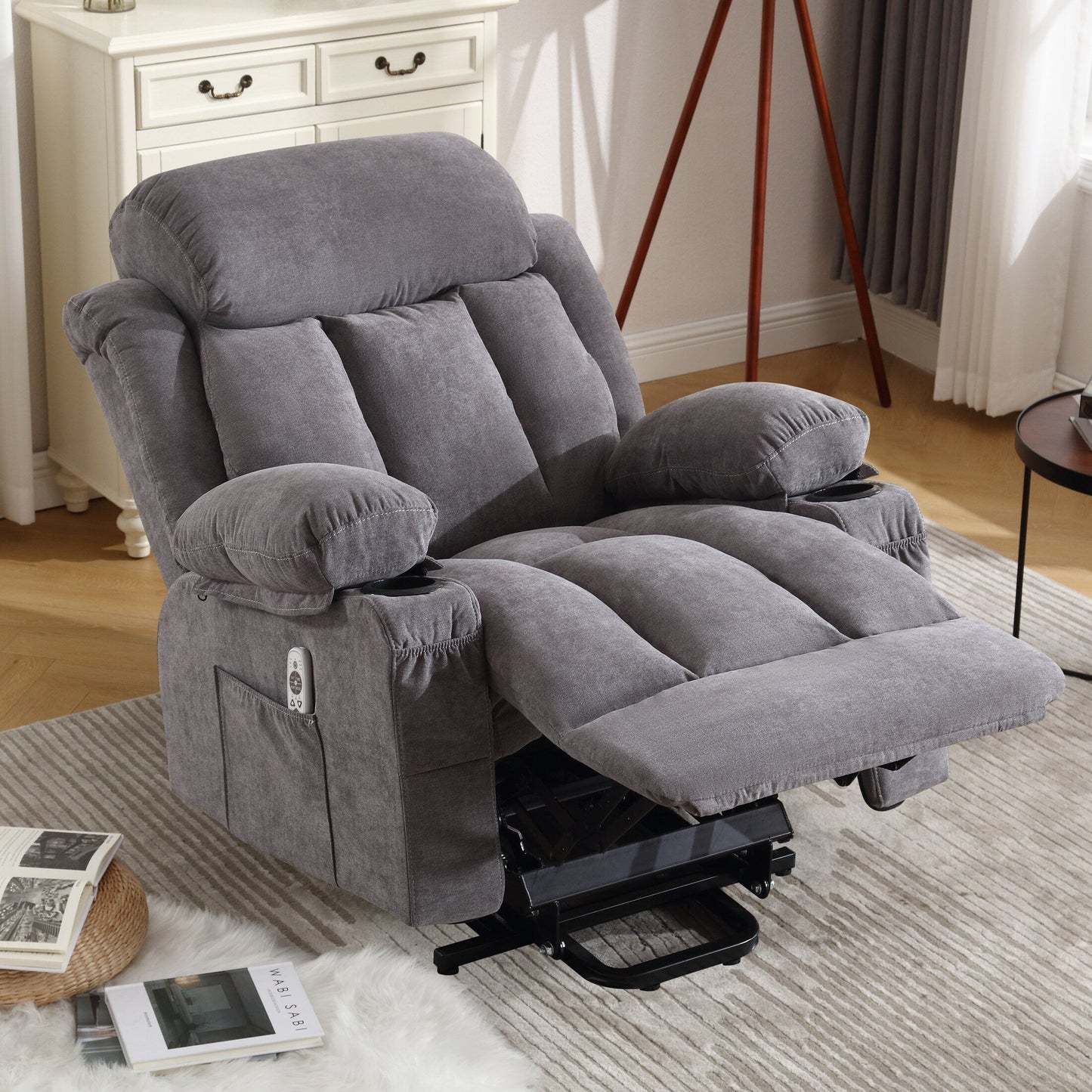 Grey Velvet Oversized Power Lift Recliner with Massage, Lumbar Heating, USB, 2 Cup Holders