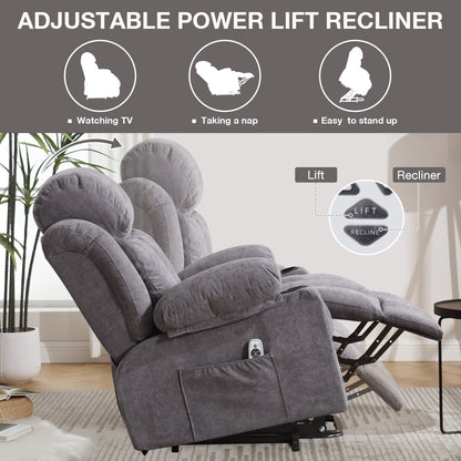Grey Velvet Oversized Power Lift Recliner with Massage, Lumbar Heating, USB, 2 Cup Holders