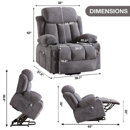 Grey Velvet Oversized Power Lift Recliner with Massage, Lumbar Heating, USB, 2 Cup Holders