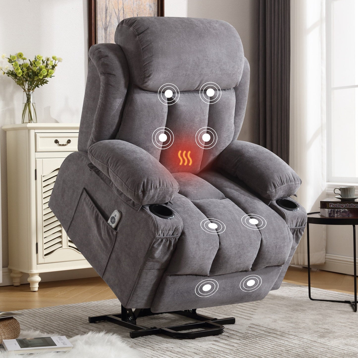 Grey Velvet Oversized Upholstered Power Lift Massage Recliner with Massage, Lumbar Heating, 2 Cup Holders, USB Port