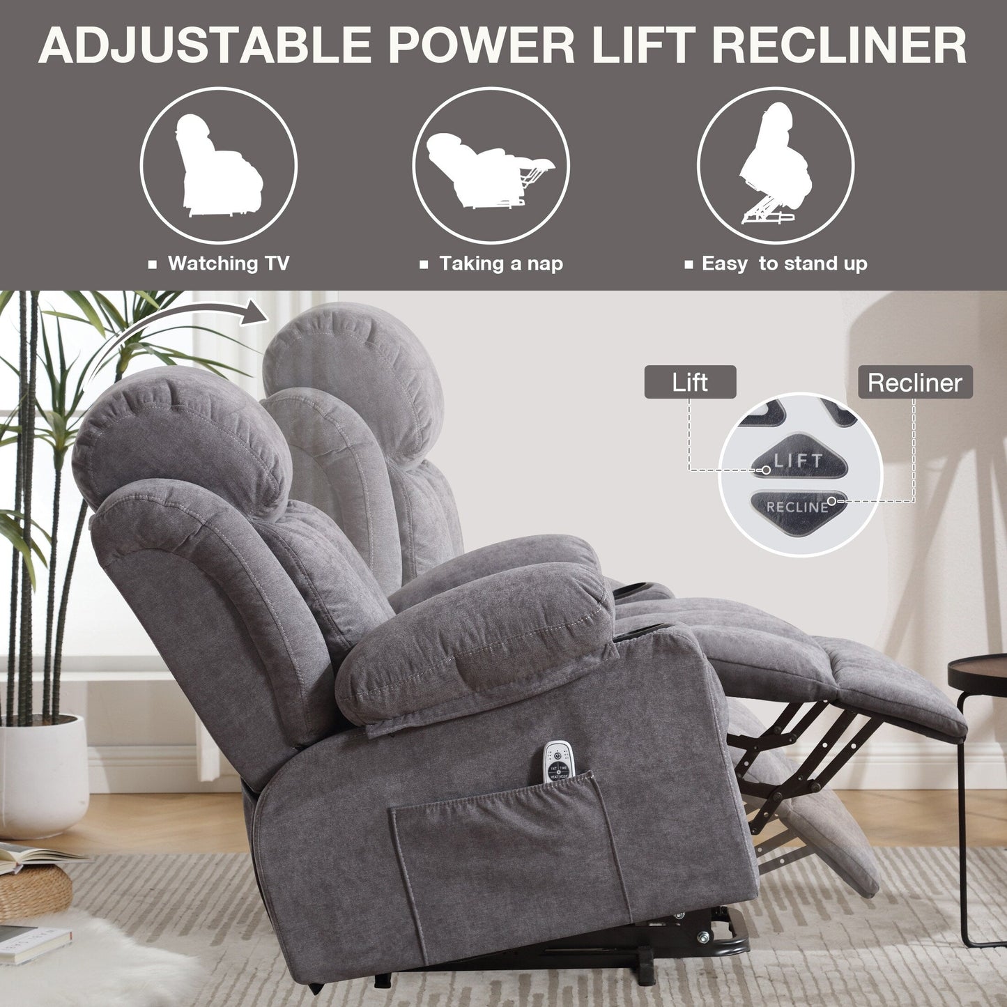 Grey Velvet Oversized Upholstered Power Lift Massage Recliner with Massage, Lumbar Heating, 2 Cup Holders, USB Port