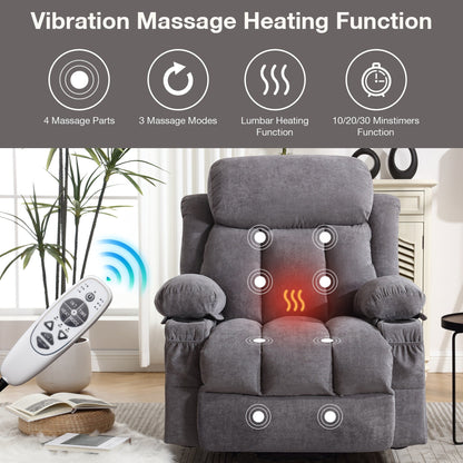 Grey Velvet Oversized Upholstered Power Lift Massage Recliner with Massage, Lumbar Heating, 2 Cup Holders, USB Port