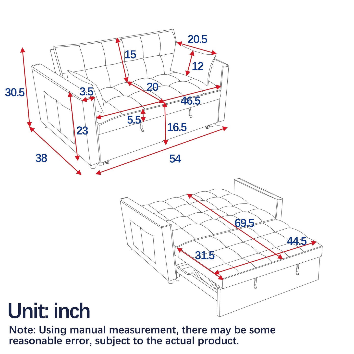 Grey Velvet Pull-Out Loveseat Sofa Bed with Side Pockets