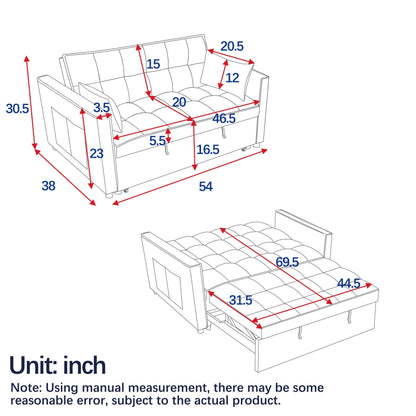 Grey Velvet Pull-Out Loveseat Sofa Bed with Side Pockets