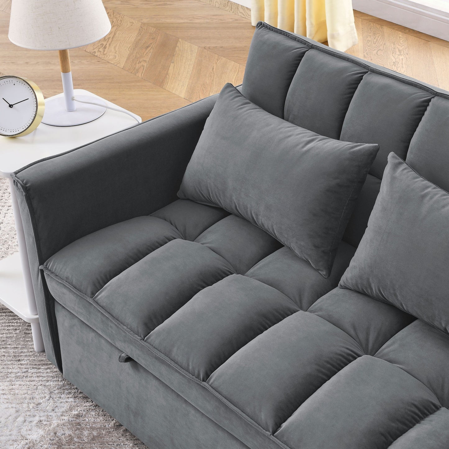 Grey Velvet Pull-Out Loveseat Sofa Bed with Side Pockets