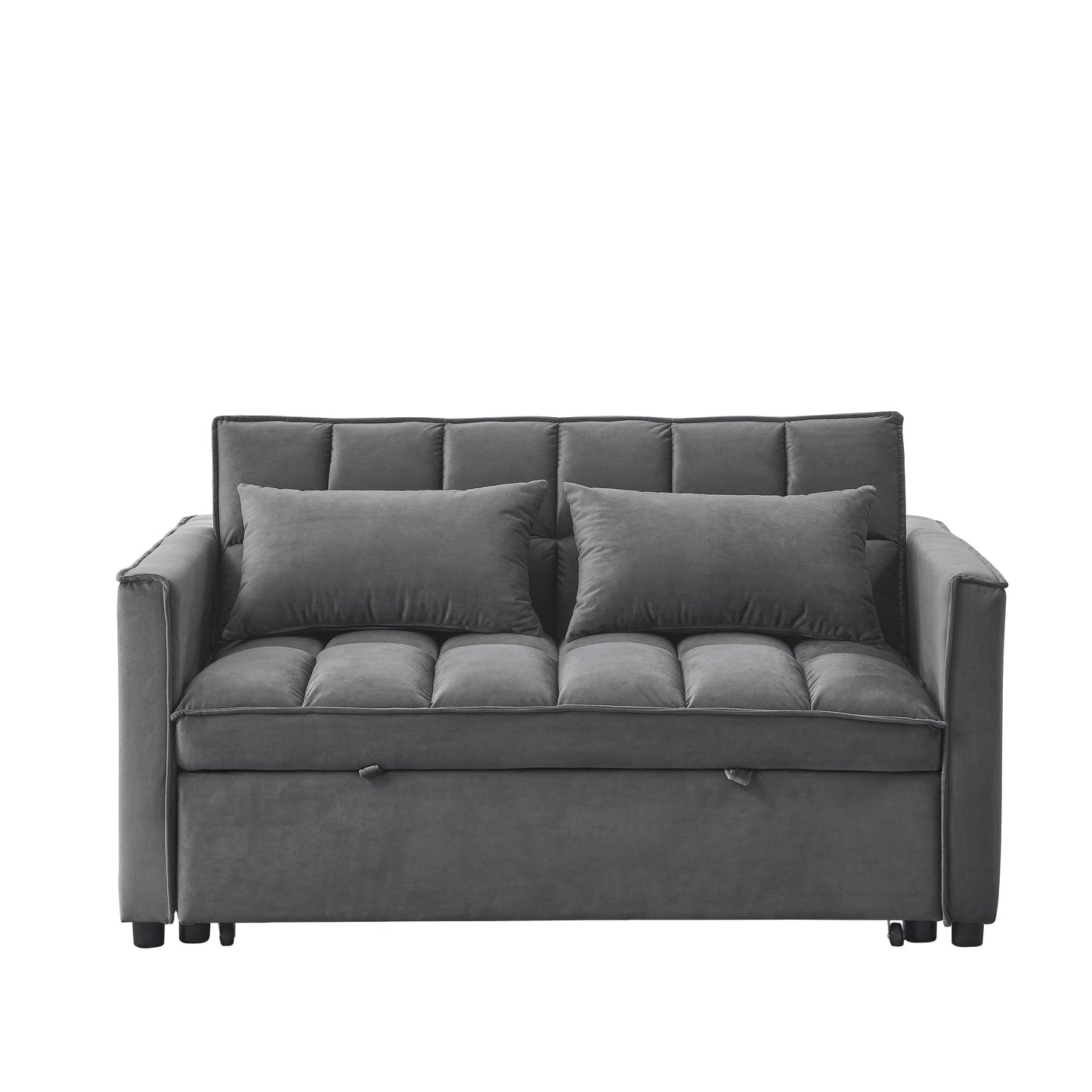 Grey Velvet Pull-Out Loveseat Sofa Bed with Side Pockets