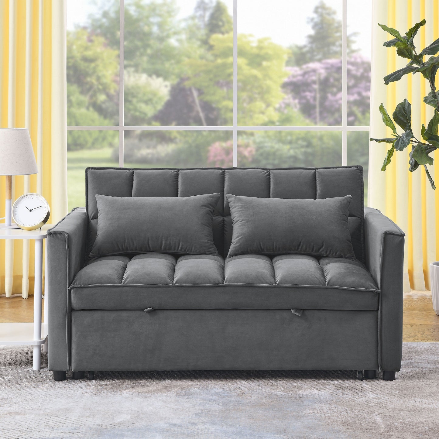 Grey Velvet Pull-Out Loveseat Sofa Bed with Side Pockets