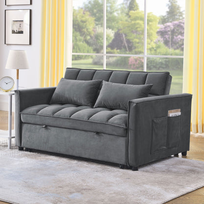 Grey Velvet Pull-Out Loveseat Sofa Bed with Side Pockets