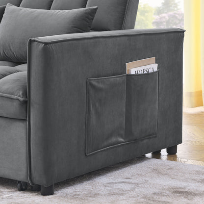 Grey Velvet Pull-Out Loveseat Sofa Bed with Side Pockets