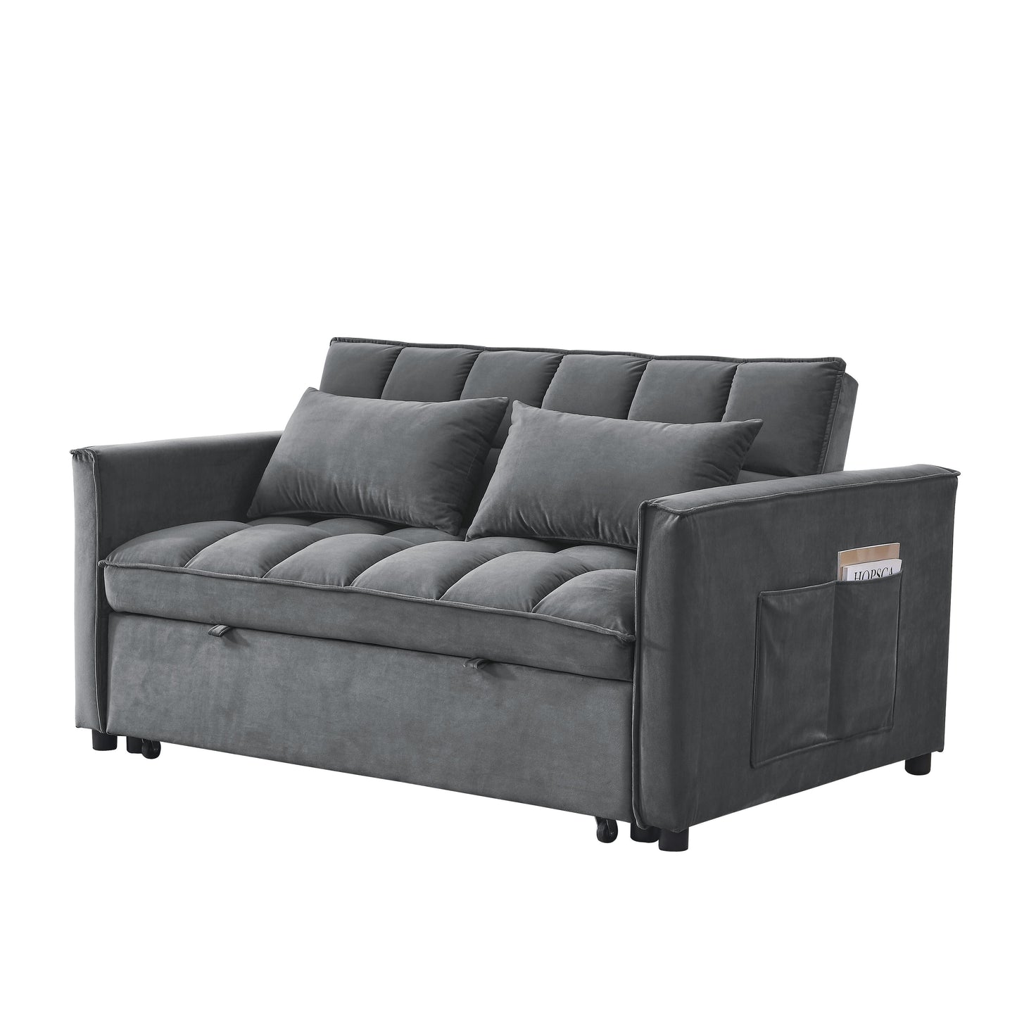 Grey Velvet Pull-Out Loveseat Sofa Bed with Side Pockets