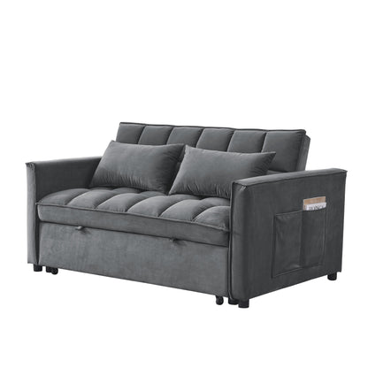 Grey Velvet Pull-Out Loveseat Sofa Bed with Side Pockets