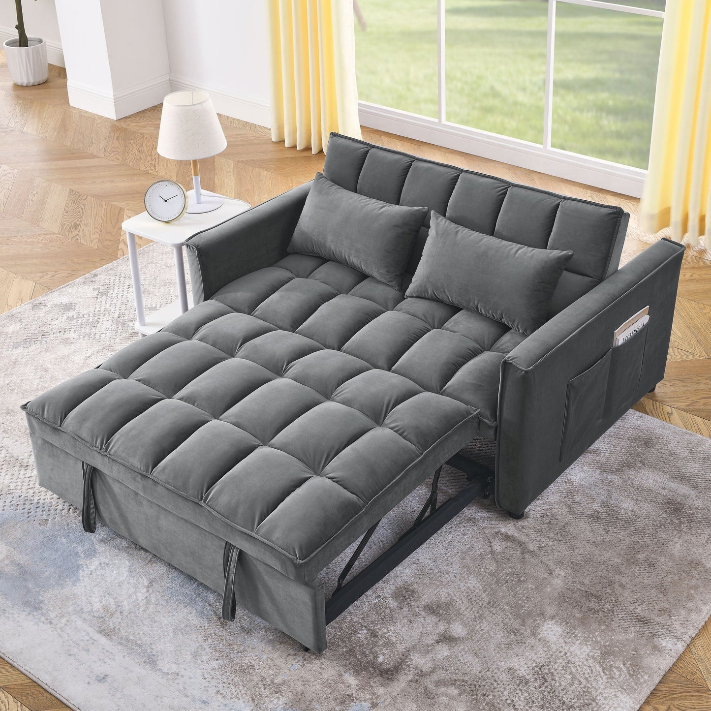 Grey Velvet Pull-Out Loveseat Sofa Bed with Side Pockets