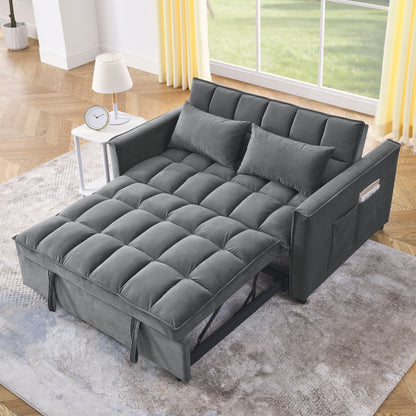 Grey Velvet Pull-Out Loveseat Sofa Bed with Side Pockets